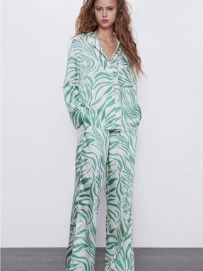 Zara Mint Green and White Zebra-Print Satin Pajama Set